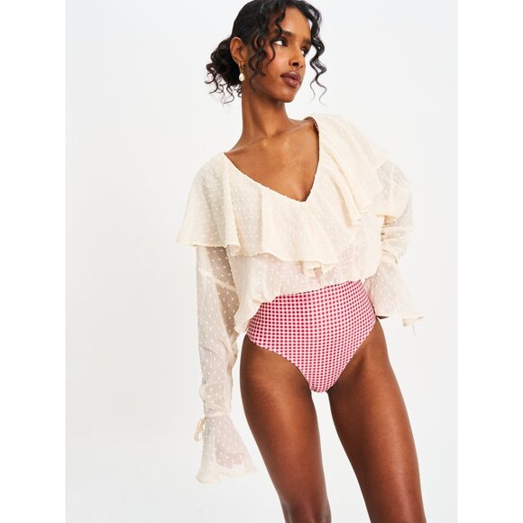 Magali Beige Dotted Mesh Ruffle Top - Picture 7 of 12